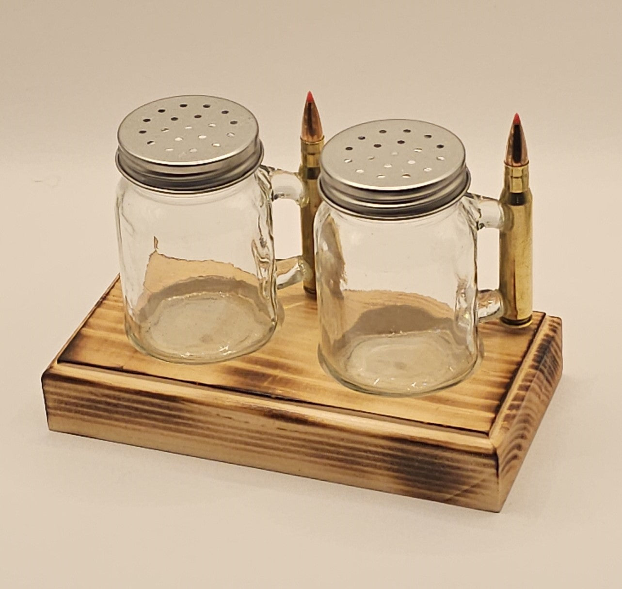 Salt and Pepper shaker set with 30-06 bullet handle with Base