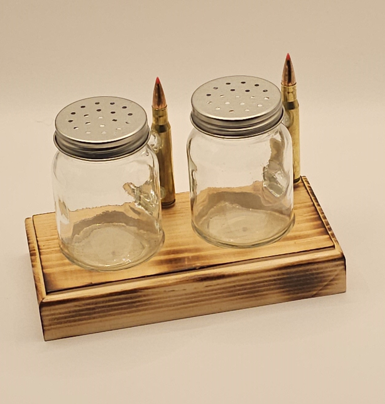 Salt and Pepper shaker set with 30-06 bullet handle with Base