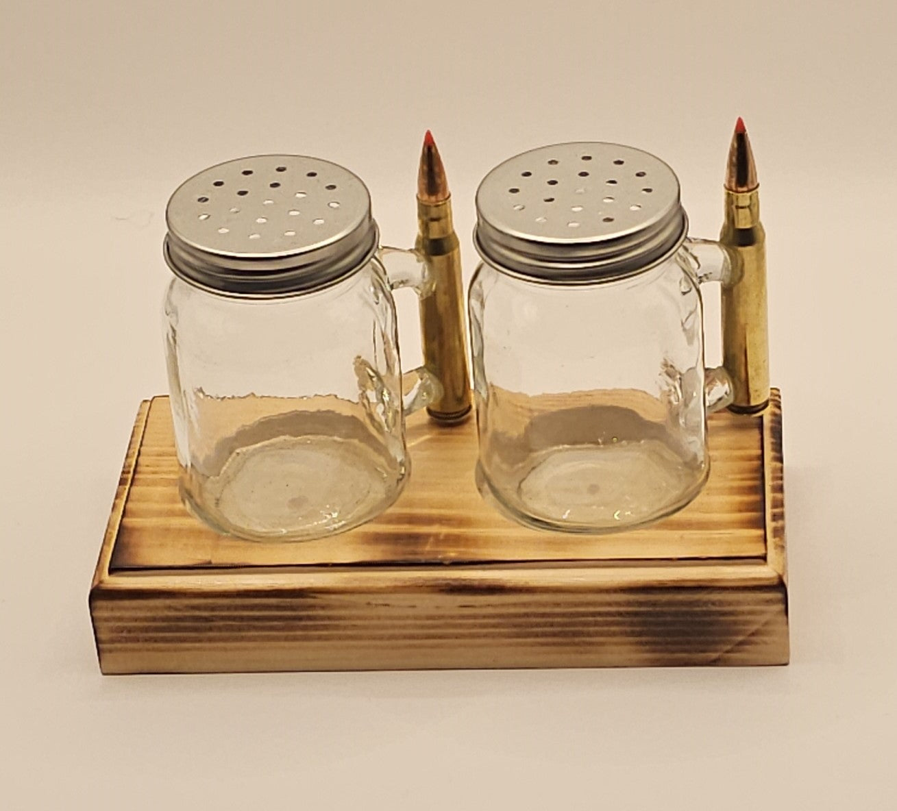 Salt and Pepper shaker set with 30-06 bullet handle with Base