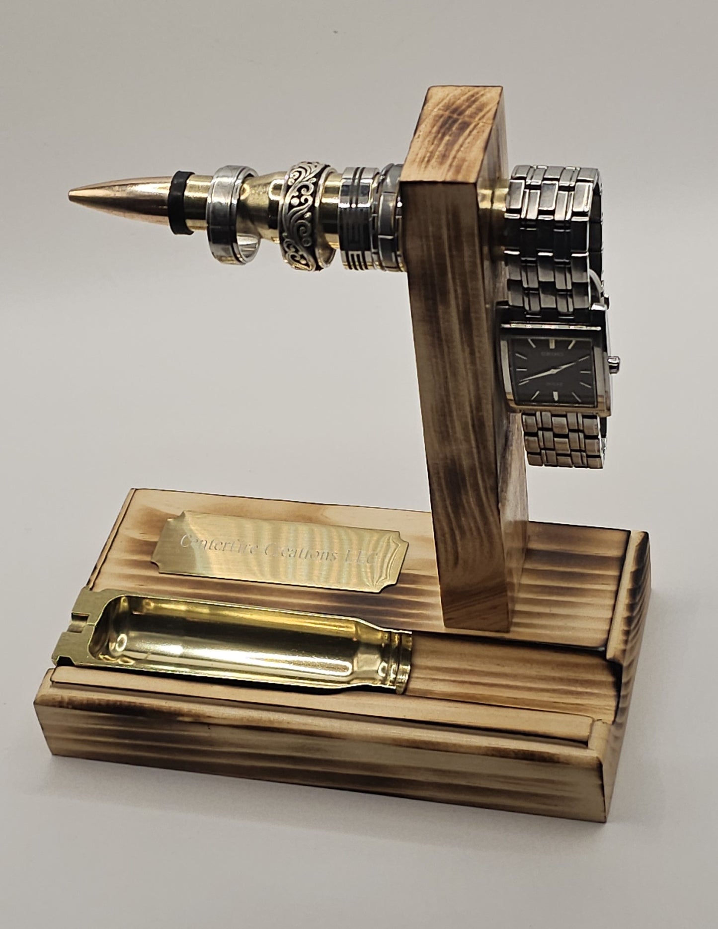Ring/watch holder with tray...made from a 50 cal BMG bullet and 20 mm Vulcan brass case... Military/Veterans, Gun enthusiast
