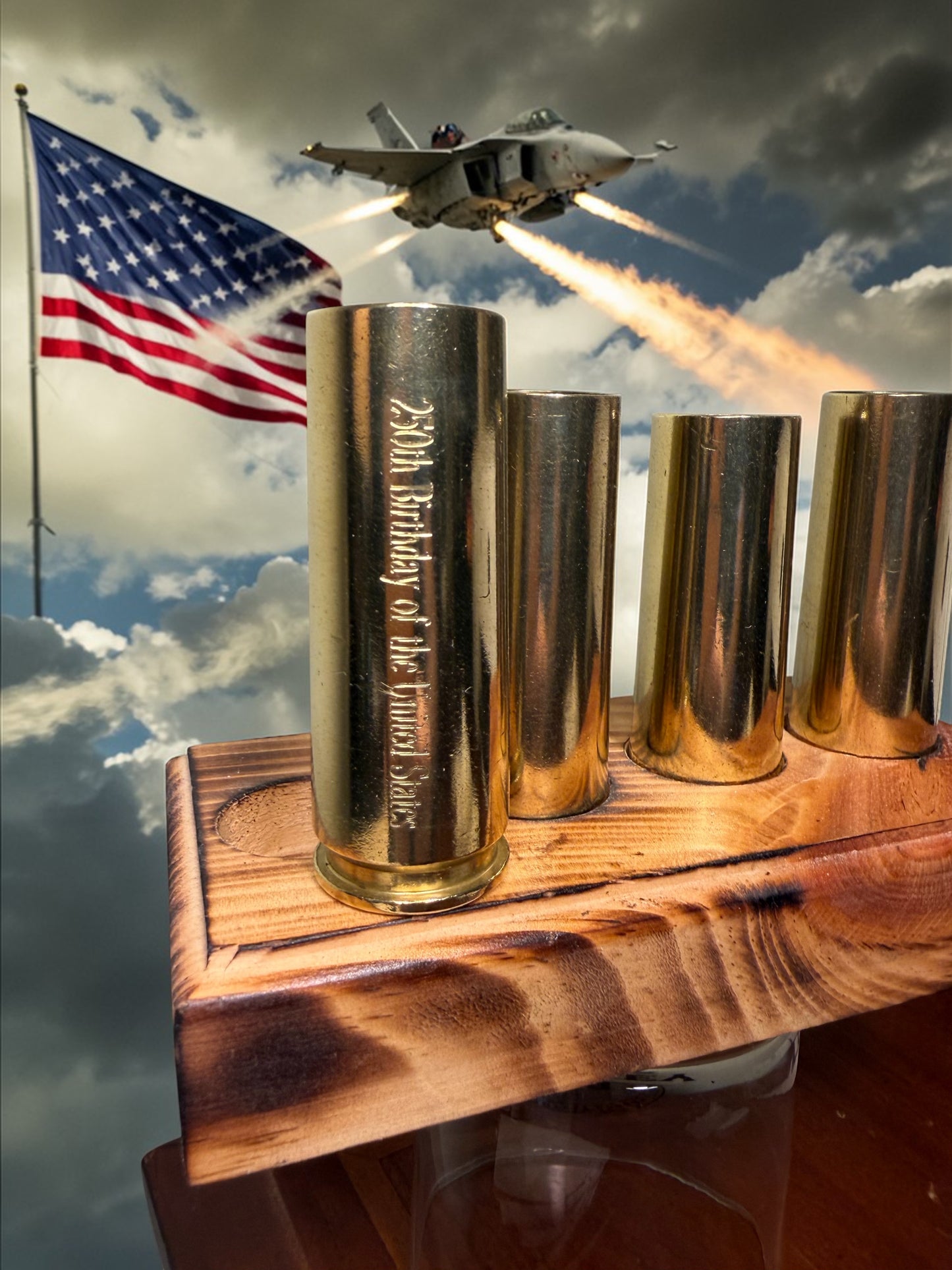 Bullet shot glass set with wood base