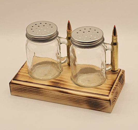 Salt and Pepper shaker set with 30-06 bullet handle with Base