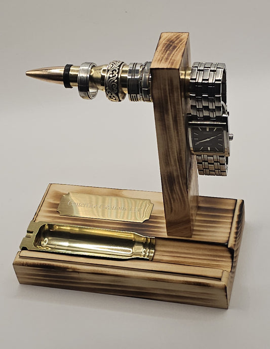 Ring/watch holder with tray...made from a 50 cal BMG bullet and 20 mm Vulcan brass case... Military/Veterans, Gun enthusiast