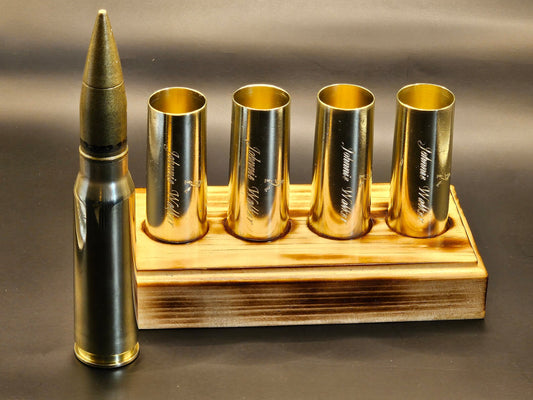 20 mm Vulcan Brass cartridge shot glass set with wood base