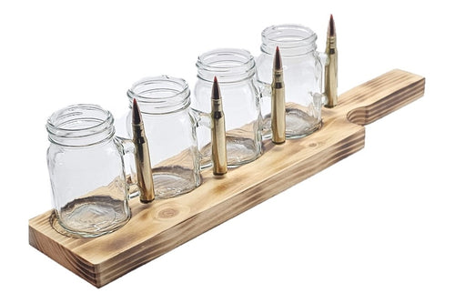 Best Fathers day gift.....4 shot glasses or flight glasses with 30-06 Winchester bullet handle in a nice serving board with a carry handle