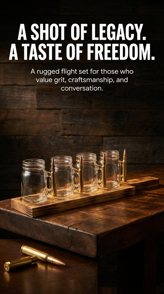 shot glasses or flight glasses with 30-06 Winchester bullet handle in a nice serving board with a carry handle