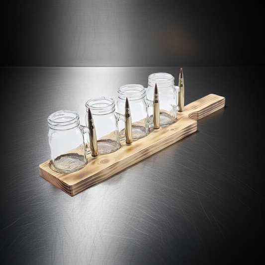 shot glasses or flight glasses with 30-06 Winchester bullet handle in a nice serving board with a carry handle