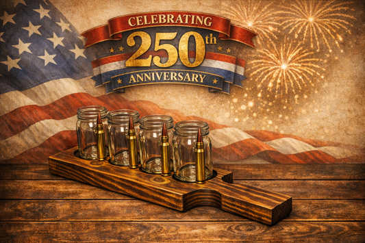 shot glasses or flight glasses with 30-06 Winchester bullet handle in a nice serving board with a carry handle
