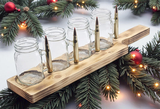 shot glasses or flight glasses with 30-06 Winchester bullet handle in a nice serving board with a carry handle