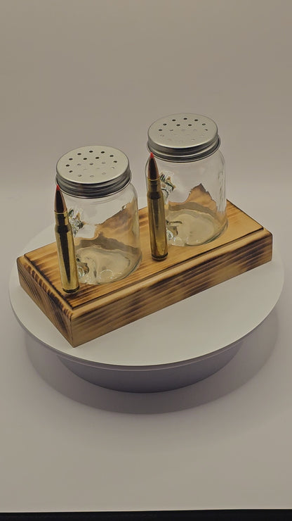 Salt and Pepper shaker set with 30-06 bullet handle with Base