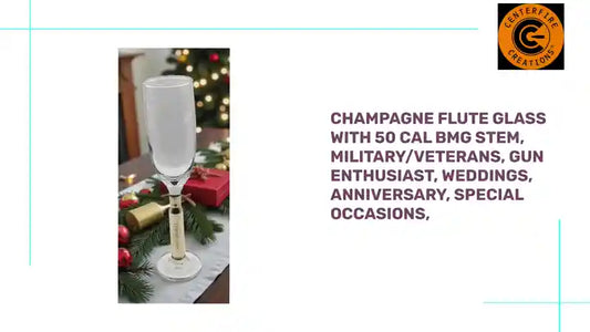 Champagne Flute Glass with 50 Cal BMG stem, Military/Veterans, gun enthusiast, weddings, anniversary, special occasions, by@Outfy