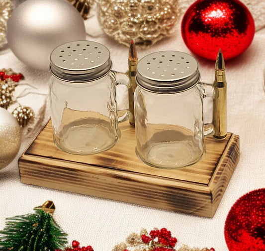 Salt and Pepper shaker set with 30-06 bullet handle with Base